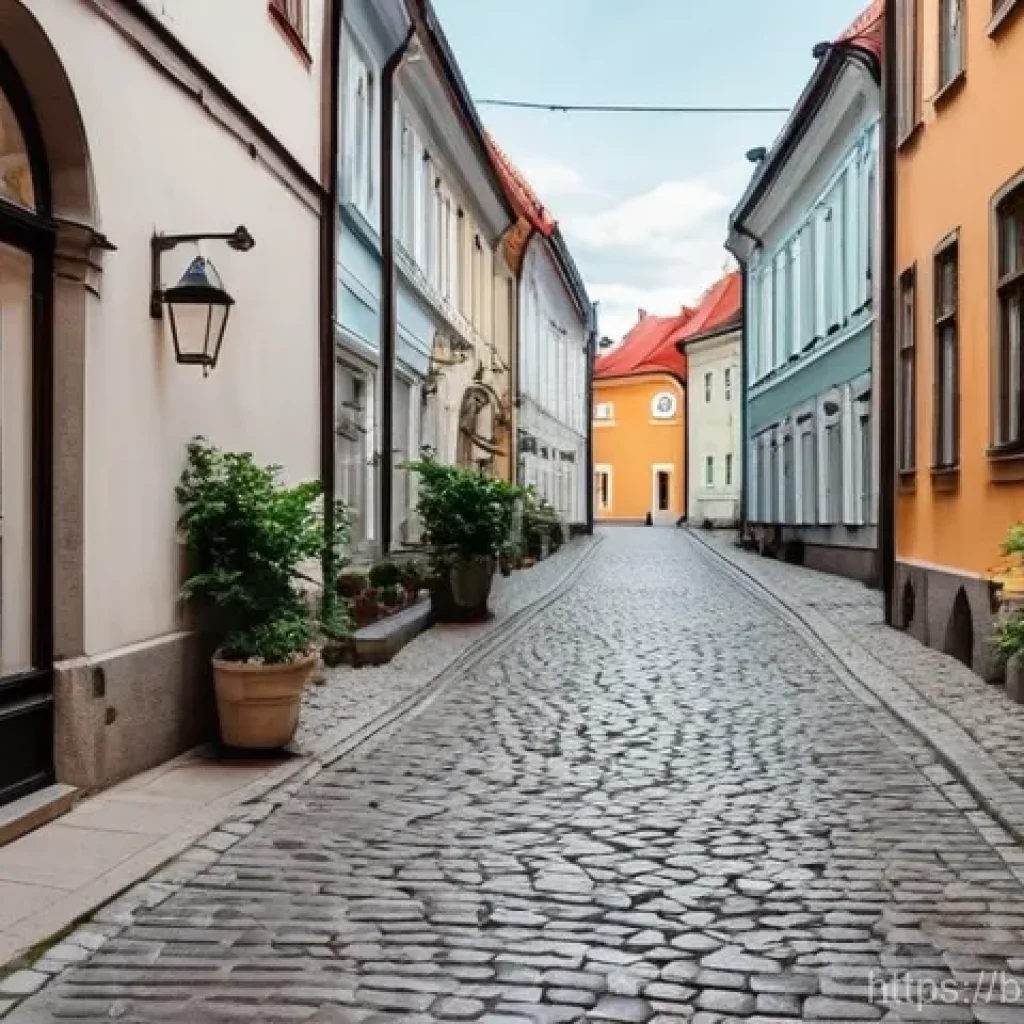 빌뉴스 올드타운 역사 - **A charming, sun-drenched, narrow cobblestone alley in Vilnius Old Town.** Historic buildings with ...