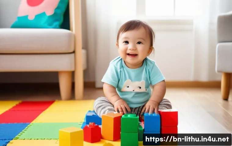 리투아니아에서 피해야 할 행동 - **A playful toddler playing with building blocks indoors.**
    `Prompt: A bright-eyed toddler sits ...