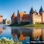 트라카이 성 방문 팁 - A serene spring morning scene of Trakai Castle, a medieval water fortress surrounded by a calm, clea...