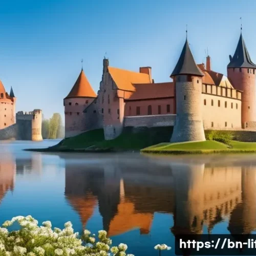트라카이 성 방문 팁 - A serene spring morning scene of Trakai Castle, a medieval water fortress surrounded by a calm, clea...
