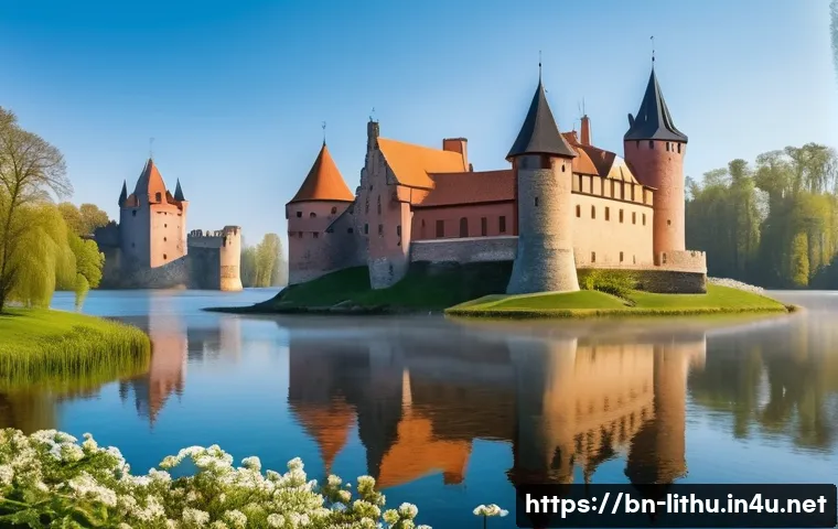 트라카이 성 방문 팁 - A serene spring morning scene of Trakai Castle, a medieval water fortress surrounded by a calm, clea...