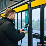 리투아니아에서 대중교통 이용법 - A modern Lithuanian city bus interior scene showing passengers using smart cards to board, featuring...
