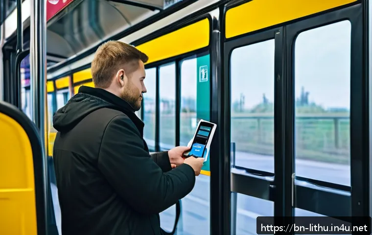 리투아니아에서 대중교통 이용법 - A modern Lithuanian city bus interior scene showing passengers using smart cards to board, featuring...