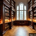 리투아니아에서의 도서관 및 서점 추천 - A serene interior of Vilnius Public Library showcasing traditional wooden bookshelves filled with an...