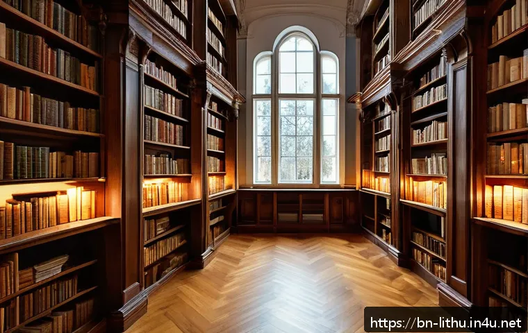 리투아니아에서의 도서관 및 서점 추천 - A serene interior of Vilnius Public Library showcasing traditional wooden bookshelves filled with an...